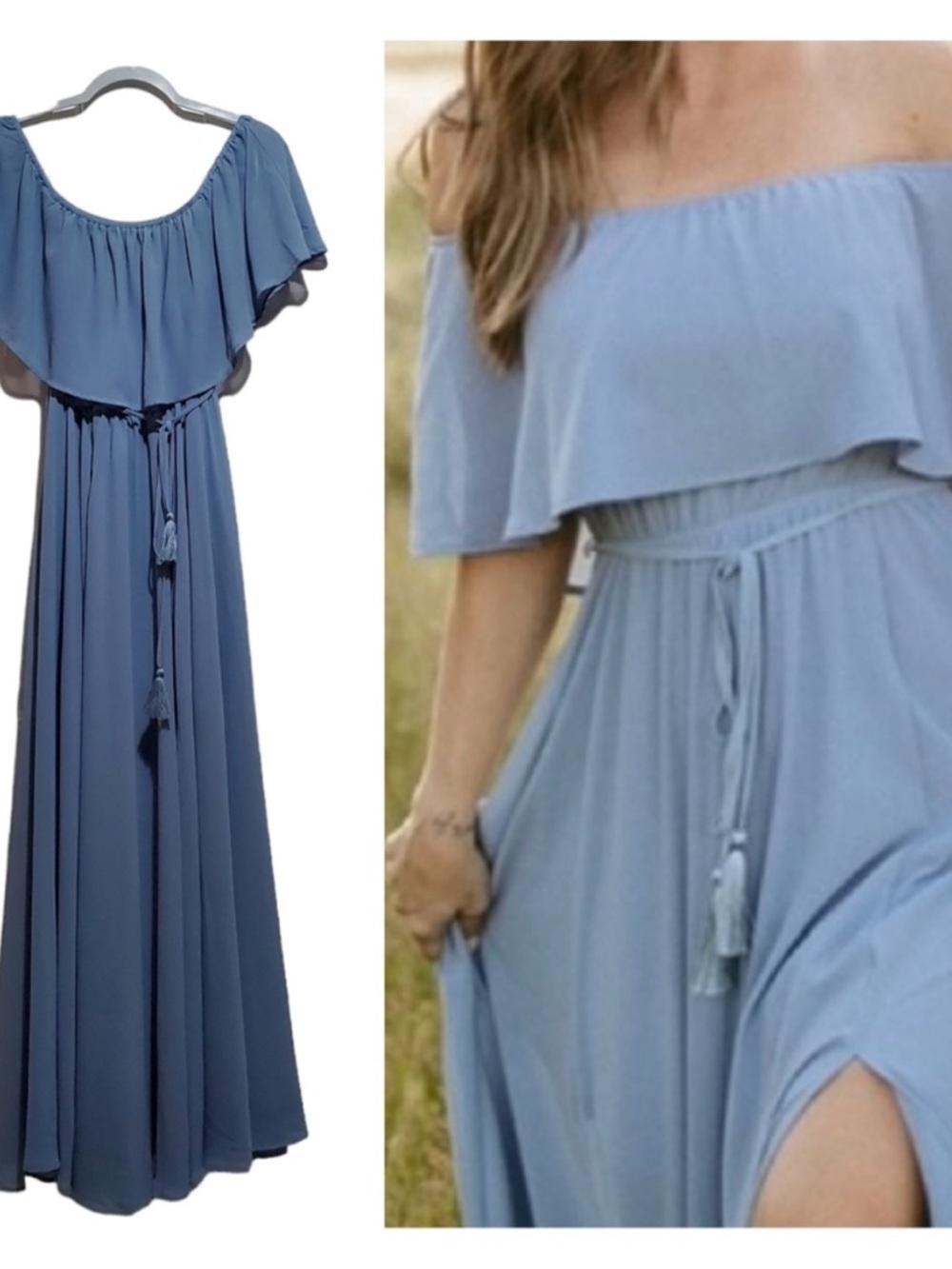 Aakaa One-Shoulder Ruffle Maxi Dress in Dusty Blue